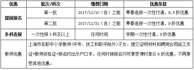 2018年恒高寒春班优惠标准