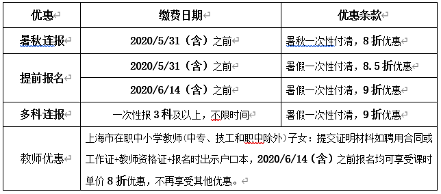 2020年恒高暑假班优惠标准